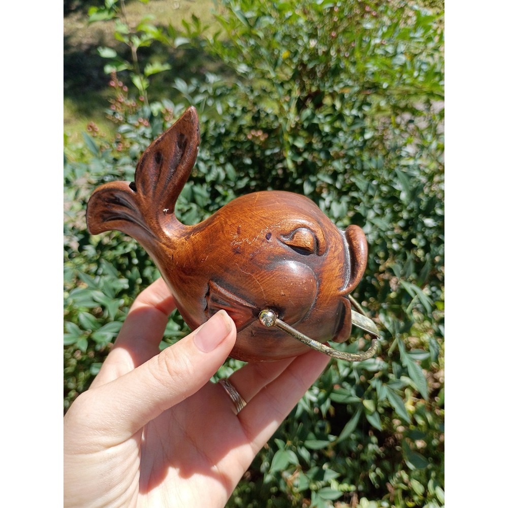 Vintage Ceramic Whale Puffer Fish 3D Ashtray 1956 Made USA 5.5" Brown Brass